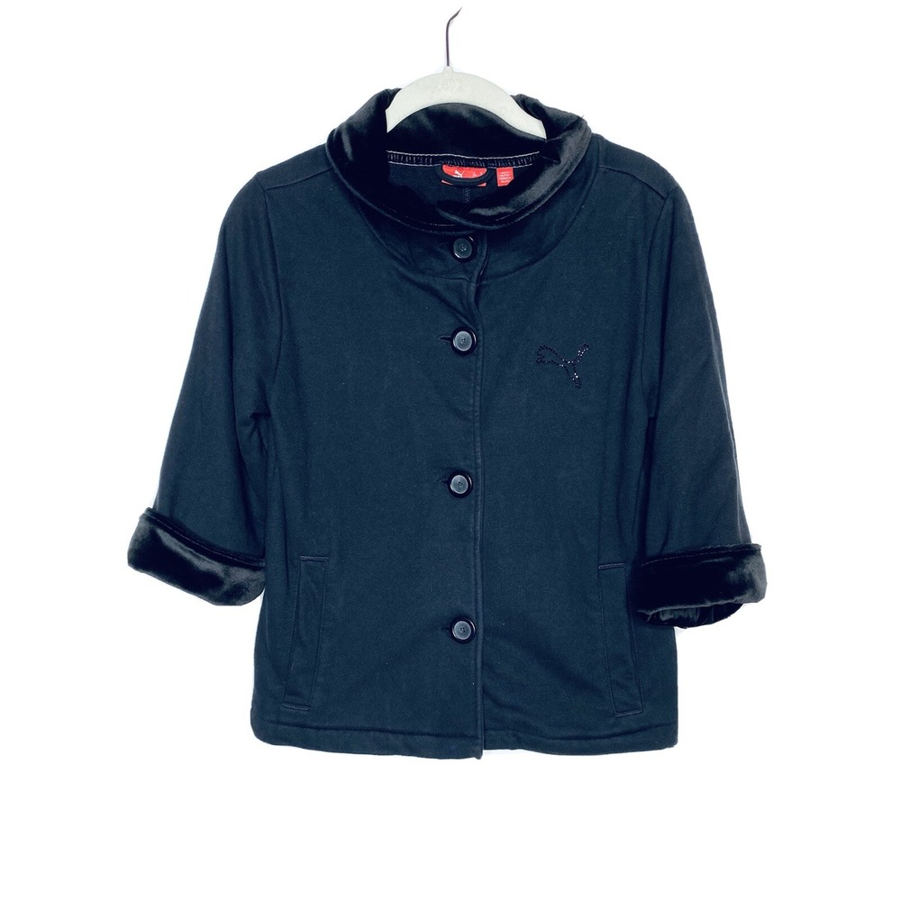 Puma Womens Black French Terry Jacket Funnel Neck Velvet Trim Rhinestone Logo S